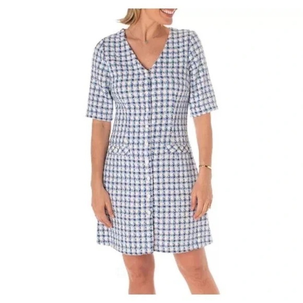 Size 4 Ladies Elegant Blue and White Plaid Mini Dress
